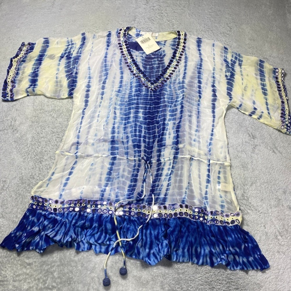 Boston Proper Womens L Tie Dye Mirrored Tunic Boho Blue Multi Beach Coverup